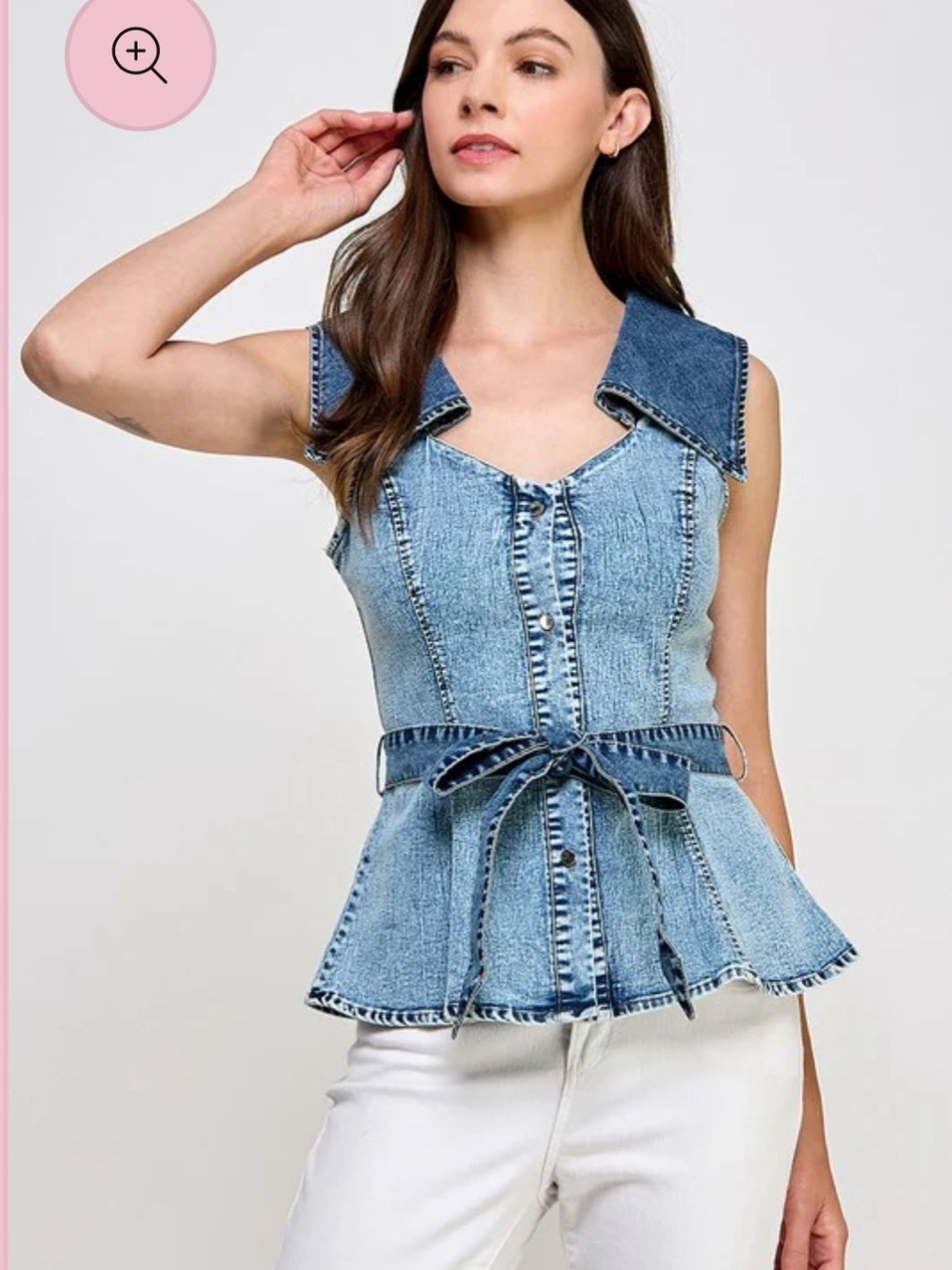 Button-Front Denim Peplum Top with Tie Waist